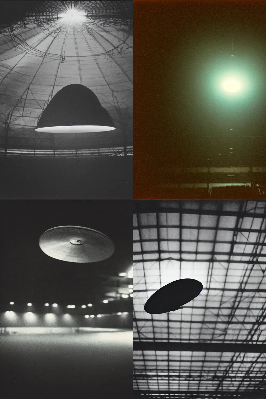 Prompt: classified grainy film photo of a flying saucer in a hangar, liminal space, mysterious, flash light