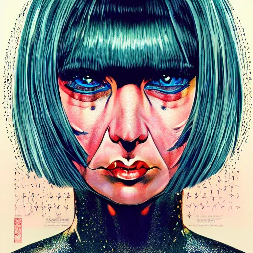 Image similar to portrait of crazy sia kate isobelle furler, symmetrical, glamour, by yoichi hatakenaka, masamune shirow, josan gonzales and dan mumford, ayami kojima, takato yamamoto, barclay shaw, karol bak, yukito kishiro