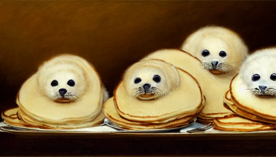 Image similar to highly detailed painting of cute furry white baby seals in a pile of pancakes on a table by william turner, by greg rutkowski, by william constable, thick brush strokes and visible paint layers, 4 k resolution