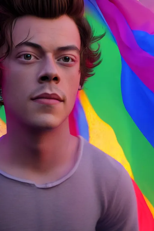 Prompt: Harry Styles burning a pride flag, high detail, volumetric lighting, trending on ArtStation, octane render