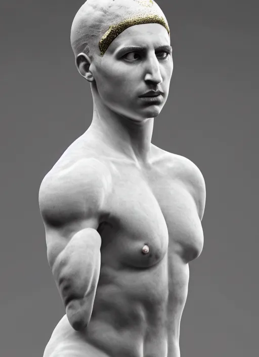 Prompt: a statue made of white marble with gold veins, of klay thompson petting a bulldog, full body shot, perfect symmetrical body, perfect symmetrical face, hyper realistic, hyper detailed, by johannen voss, by peter kemp, by monia merlo, by michelangelo, octane render, blender, 8 k