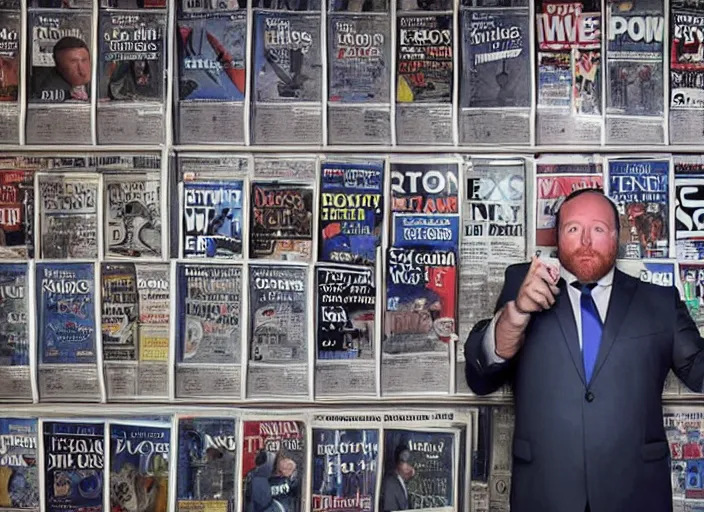 Prompt: dslr photo still of infowars host alex jones in a blue suit fat grey beard and mustache in a!!! room filled to the ceiling with newspapers newspapers to the ceiling newspapers everywhere stacks of newspapers!!!!!! looking at an iphone in shock gazing at an iphone in his hand scared look at iphone being held up!!!, 5 2 mm f 1. 8