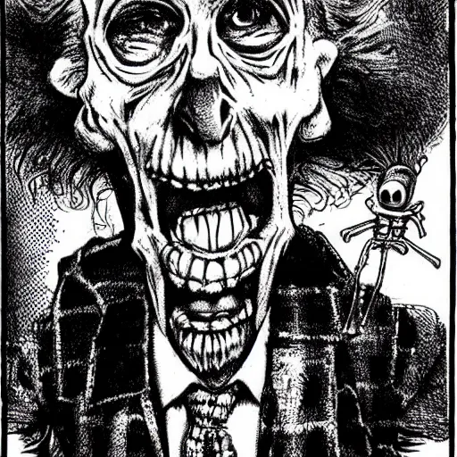 Prompt: a scary horror themed goofy-hilarious-character r-Crumb, dime-store-comic drawn with charcoal and pen and ink, half-tone-line-stacking