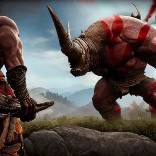 Prompt: screenshot of the game God of War with Kratos fighing a Rhinoceros beetle kaiju | Sony Pictures official media