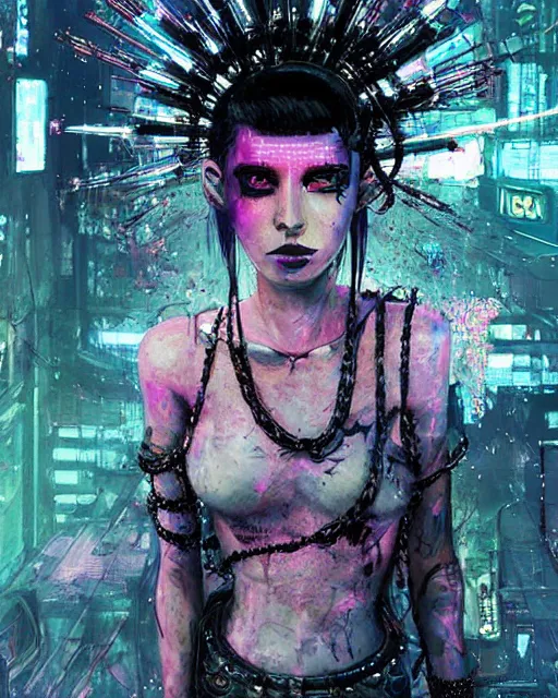 Prompt: portrait of Punk girl, standing hair line, chains, pierced, tattoed Sheen Holographic Futuristic sci-fi fashion cyberpunk, (neotokyo), synthwave, (aesthetics), futuristic, bladerunner movie scene by ismail inceoglu dragan bibin hans thoma greg rutkowski Alexandros Pyromallis Nekro Rene Margitte illustrated Perfect face, fine details, realistic shaded, fine-face, pretty face ((sharp chine))