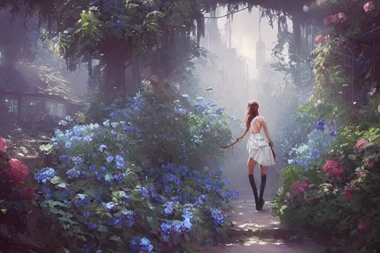 Image similar to a beautiful painting of blue roses garden, girl, by greg rutkowski, trending on artstation