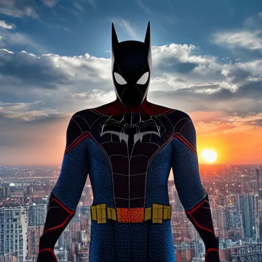 Image similar to A realistic photo with a mixture of spiderman and batman, hyper-realistic, 8K HDR, sunset.