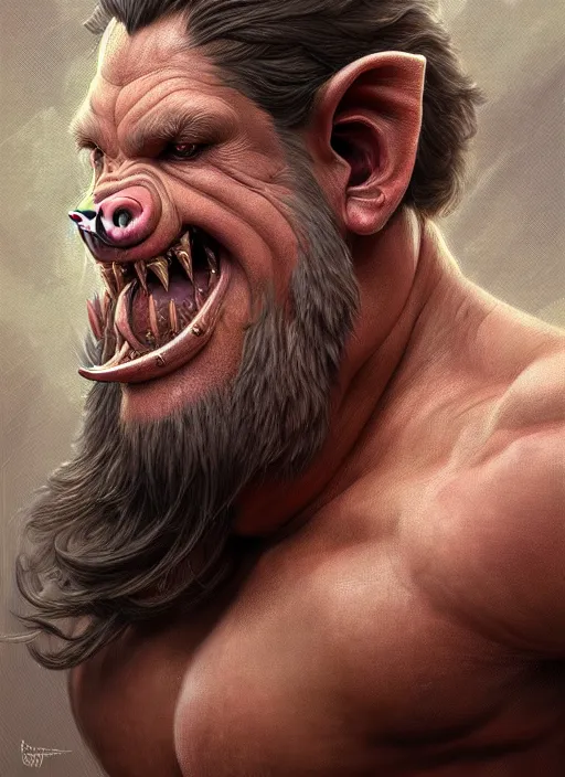 Prompt: portrait of aggressive pig humanoid, d & d, muscular! fantasy, intricate, elegant, highly detailed, digital painting, artstation, concept art, smooth, sharp focus, illustration, art by artgerm and greg rutkowski and alphonse mucha