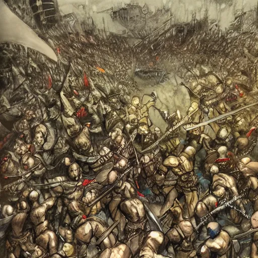 Image similar to one hero with sword looking at army of swordsmen in the background, in the middle of an arena, crowd of people, pencil art, added detail, high definiton, colored, aerial view, byyoji shinkawa