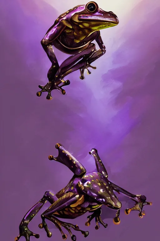 Image similar to flying frog punch, in the style of jill bauman and stephan martiniere, trending on artstation, dramatic purple lighting low angle view concept art, award - winning, steampunk, in the golden hour, metaphysical art