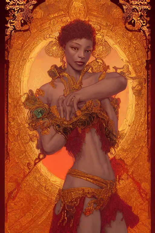 Image similar to tarot card artstation, portrait of a nigerian love dancer, sunrise, baroque ornamnet and rococo ornament, ancient chinese ornate, hyperdetailed, beautiful lighting, craig mullins, mucha, klimt, yoshitaka amano, red and gold and orange color palatte