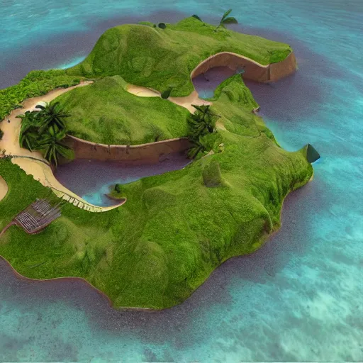 Prompt: Long forgotten undiscovered secret tropical island, matte painting, concept art, top down view