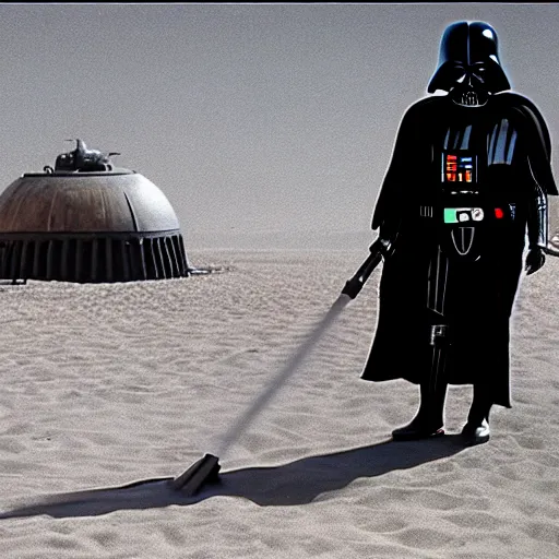 Image similar to darth vader vacuuming the sand in tatooine