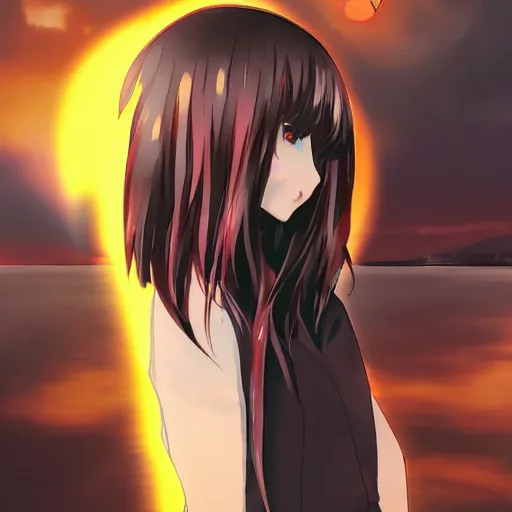 Image similar to 1 7 - year - old anime goth girl, black hair, long bob cut, long bangs, gothic coat, golden hour, partly cloudy sky, red clouds, orange sky, old town, futuristic old town, strong lighting, strong shadows, vivid hues, ultra - realistic, sharp details, subsurface scattering, intricate details, hd anime, 2 0 1 9 anime