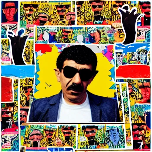 Image similar to omar souleyman in the style of daniel johnston and outsider art, collage with arabic advert text, 4k