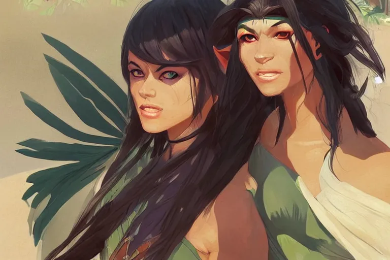Image similar to half orc half elf woman, beautiful face and small orc tusks, tropical mage dress with high slit, several layers of fabric, laying in some shade on the beach, strong sunlight, bright light, light bloom, by ilya kuvshinov, krenz cushart, Greg Rutkowski, trending on pixiv