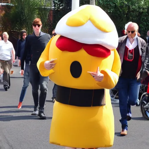 Prompt: benedict cumberbatch wearing eggs benedict mascot costume