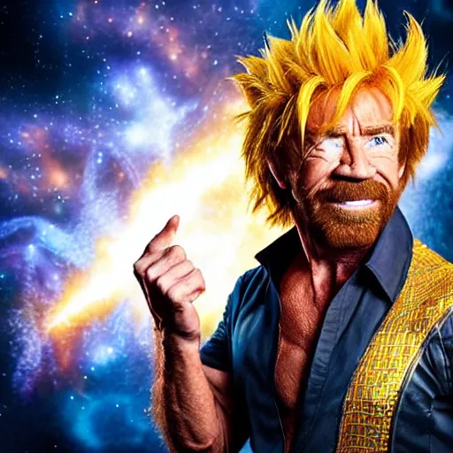 Prompt: uhd candid photo of cosmic chuck norris as a super sayian, glowing, global illumination, studio lighting, radiant light, detailed, correct face, elaborate intricate costume. photo by annie leibowitz