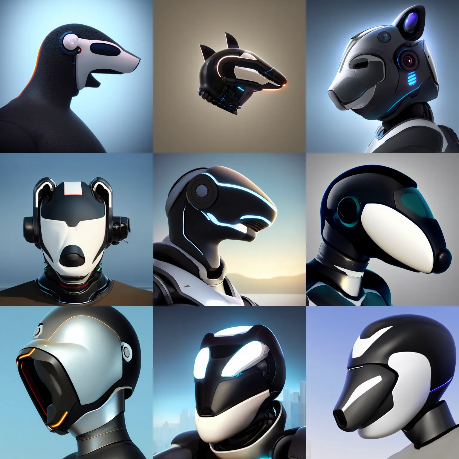 Image similar to half body profile picture of a male robotic anthro orca, visor screen for face, large opaque visor, snout under visor, commission on furaffinity, cgsociety, octane render