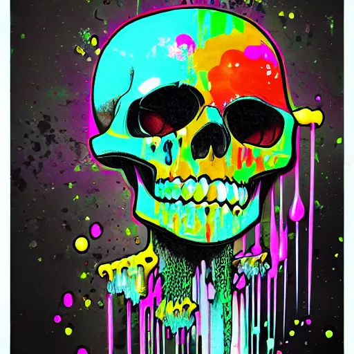Image similar to drippy, dripping paint, skull, trippy, glitch, miyazaki style, exaggerated accents
