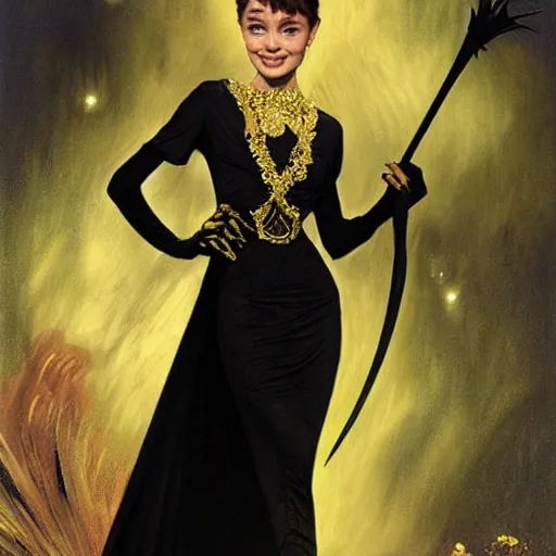 Image similar to an extremely detailed matte painting audrey hepburn as a powerfull sorceress in a resplendent black dress with gold and crimson trim and a long leg slit, in the style of magic the gathering, 8 k, sharp focus, detailed face, art by john collier and albert aublet and krenz cushart and artem demura and alphonse mucha