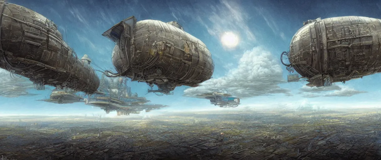 Prompt: a beautiful and detailed illustration of an airship port in a cloudpunk world by Tim white , cinematic atmosphere, establishing shot, viewed from below, first person perspective