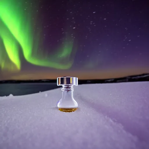 Image similar to perfume bottle buried in the snow under the northern lights