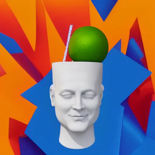 Image similar to a 3 d model of a white marble human head holding a coctail, colorful coctail, digital illustration, 3 d render, above the waist