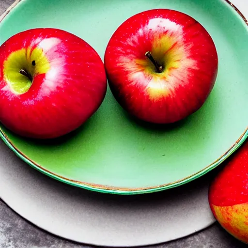 Image similar to a wide angle realistic photo of three apples on a colorful plate, award winning