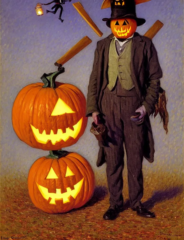 Image similar to a scarecrow with a jack - o - lantern head, holding a lantern, as a matte oil painting and d & d character art, by gustave caillebotte, standing, fullbody, flying bats, loose pages, concept art, award - winning, extremely detailed, sharp focus