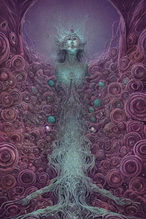 Image similar to cosmic horror eldritch lovecraftian the emerald queen of feathers by wayne barlowe, agostino arrivabene, denis forkas