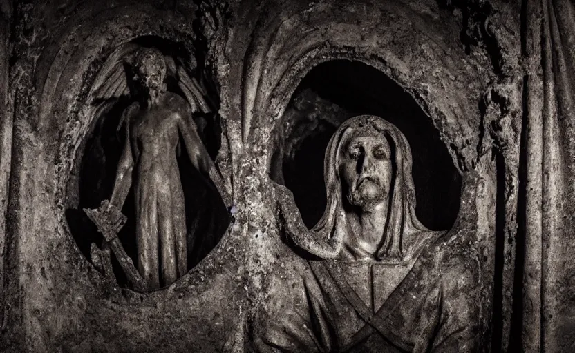 Prompt: decrepit creepy statue of the archangel gabriel staring at the camera, in the middle of a cavernous dark old catacomb, realistic, pitch black, depth of field, wide shot, sinister, bad lighting, foreboding, blurry, grainy photo