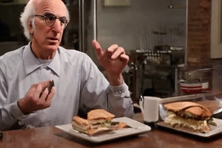 Image similar to larry david eating a sandwich, horror film still, dark atmosphere, found footage, nightmare, unsettling, cinematic, dim lighting, pain, agony, suffering