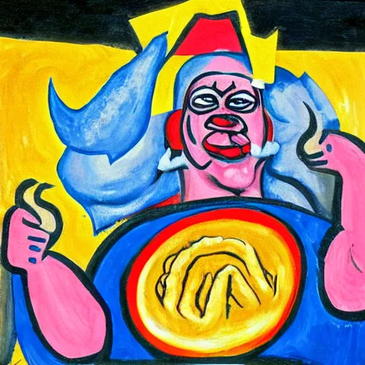 Image similar to expressionist painting of jim helwig the ultimate warrior wearing his signature face paint while lifting a gargantuan plate of tacos over his head, style of otto dix, hans mertens