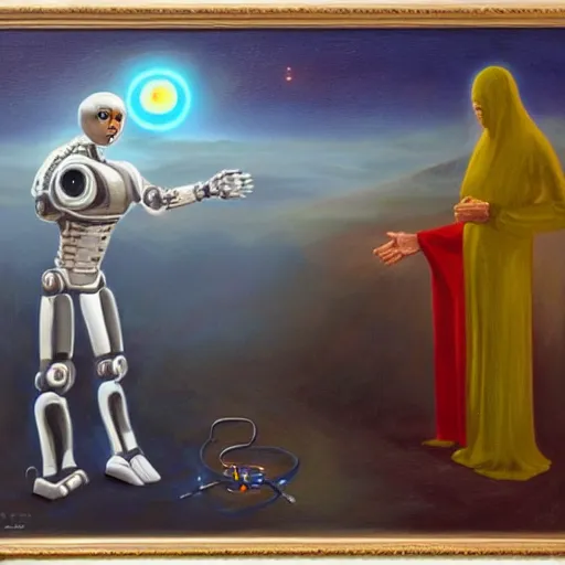 Prompt: a robot missionary trying to convert an alien to christanity, oil on canvas