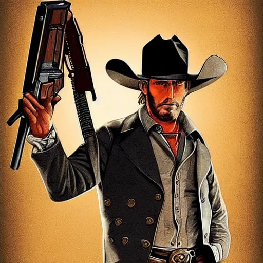 Prompt: a gunslinger in a western who looks like a cross between george clooney and kirk douglas. illustration.