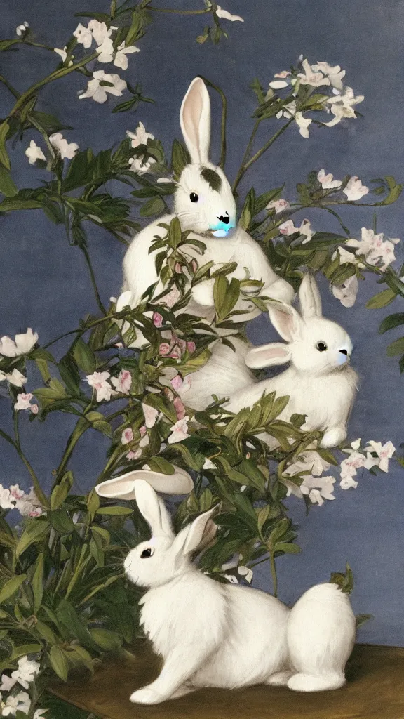 Prompt: in botanicals room a porcelain rabbit statue having a japanese kiseru in hand painted by john singer sargent