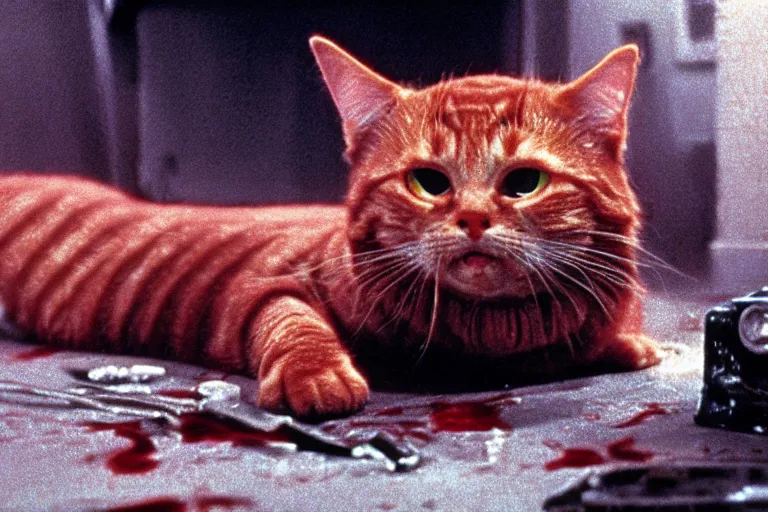 Image similar to filmic wide shot angle movie still 35mm film color photograph of a shape shifting horrific nightmarish red tabby cat organism from The Thing 1982 attacking a mutilated deceased doctor who is completely drenched in blood in the style of a horror film