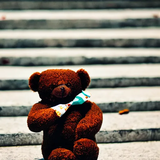 Prompt: a photo of a teddy bear eating a cookie in rio de janeiro, 2 4 mm, summer