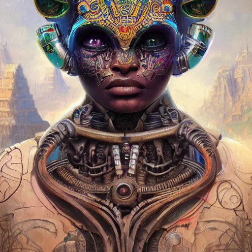 Image similar to An Alien Robot Mayan Ruler, facial tattoos, artists portrait, biomechanical, wild jungle, fantasy, highly detailed, digital painting, concept art, sharp focus, depth of field blur, illustration, art by artgerm and greg rutkowski and alphonse mucha