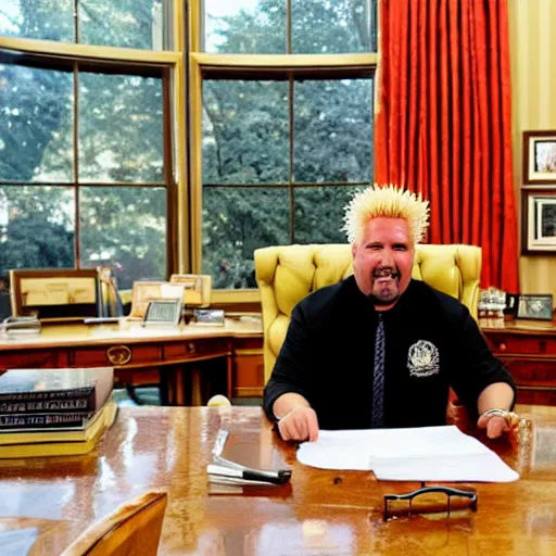 Image similar to President Guy Fieri at his desk in the Oval Office, business suit with flames, award winning photography