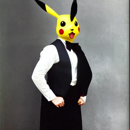 Image similar to elegant man dressed up as pikachu, art photo by Annie Liebovitz and Alphonse Mucha, glossy, sharp, clean, old fashion