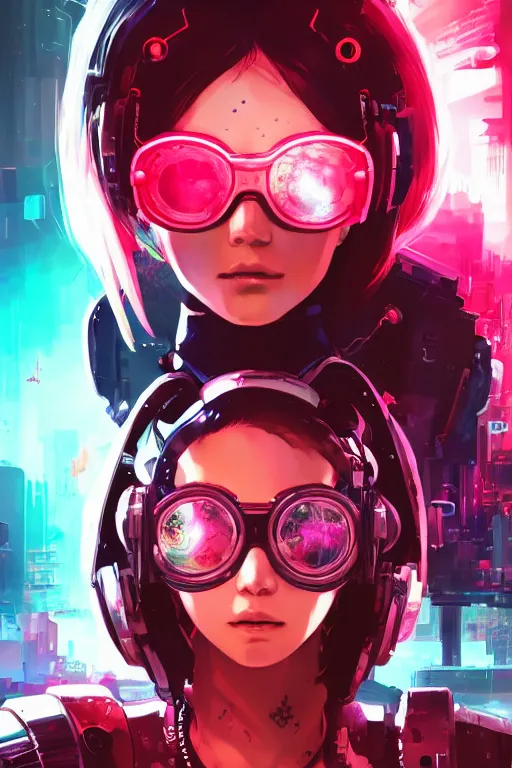 Prompt: highly detailed portrait of a young cyberpunk girl with a wavy vibrant red hair, VR glasses, neon cybernetic implants, cinematic lighting, dramatic atmosphere, by Dustin Nguyen, Akihiko Yoshida, Greg Tocchini, Greg Rutkowski, Cliff Chiang, 4k resolution, nier:automata inspired, bravely default inspired, cyberpunk background