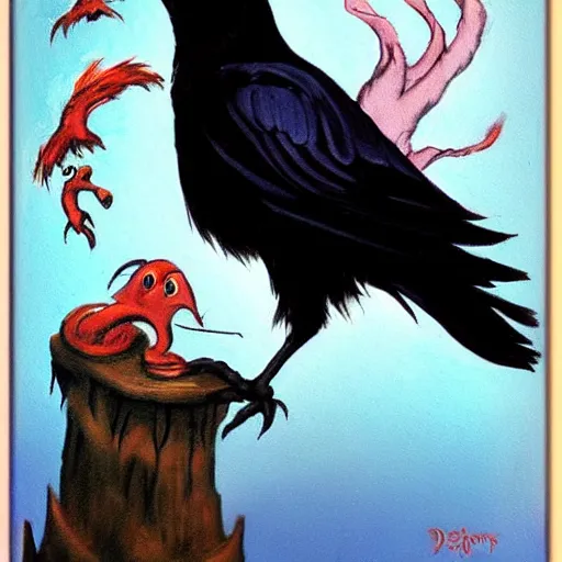 Image similar to fantasy painting of a raven by dr seuss | horror themed | creepy