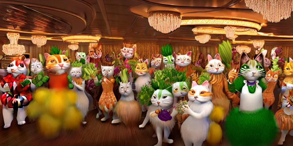 Image similar to 8 k uhd cinema 4 d, octane render of multiple cats dressed as vegetables with vegetables as masks, vegetables dressed as cats with fluffy tails, line dancing at a party, in the ballroom of a luxury cruise liner, beautiful chandeliers from the ceiling, ultra realistic, group photography, 1 0 5 mm lens, multi coloured volumetric lighting