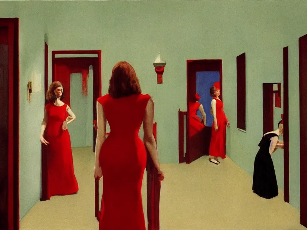 Prompt: the shinning hotel hallway, 70s, americana vibrant colors, dim, dark, woman in red dress in the distance, cinematic, ultra view angle view, realistic detailed painting by edward hopper