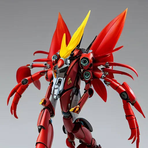 Image similar to futuristic heliconia rostrata mecha lobster claw body, sepals forming helmet, floral details, heliconia, 8 k hd resolution, barbatos gundam with floral inlay, bandai box art, star wars, makoto kobayashi, frank gehry, raymond swanland