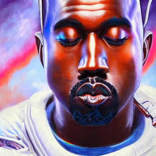 Prompt: ultra realistic portrait painting of kanye west as a retro - futuristic astronaut, art by frank frazetta, 4 k, ultra realistic, highly detailed, epic lighting