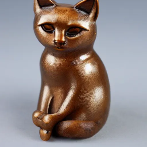 Prompt: elegant tall thin anthropomorphic cat figurine wearing a detailed kimono, hand carved brown resin, kimono robe detailed, very highly detailed, petite, exquisite details, intricate, monotone, shy looking away waving one paw head turned slightly, deep focus, maneki - neko