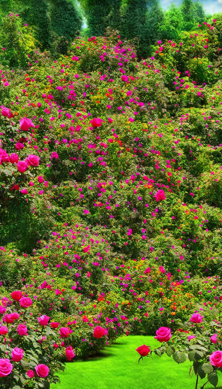 Image similar to highly detailed photo of colorful rose garden on sunny day, hyper realistic, concept art, 8 k detail post - processing